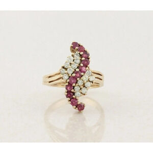 10k Yellow Gold Natural Ruby and Diamond Ring Size 6 3/4 Cluster Ring Waterfall